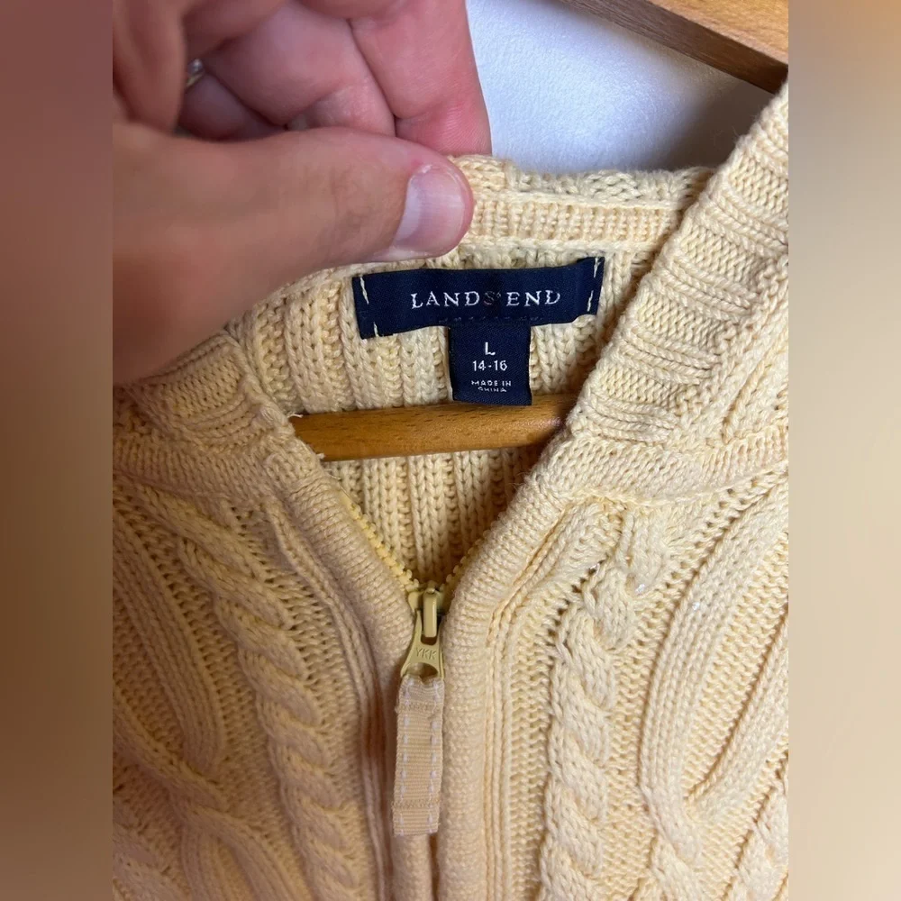 Lads end Cable knit Full Zip Hoodie Yellow Butter‎ Size L old Money Vintage